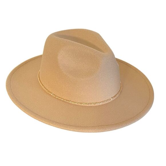 Camel Tan Felt Gold Tone Chain Band Fedora Hat NWT main image 6